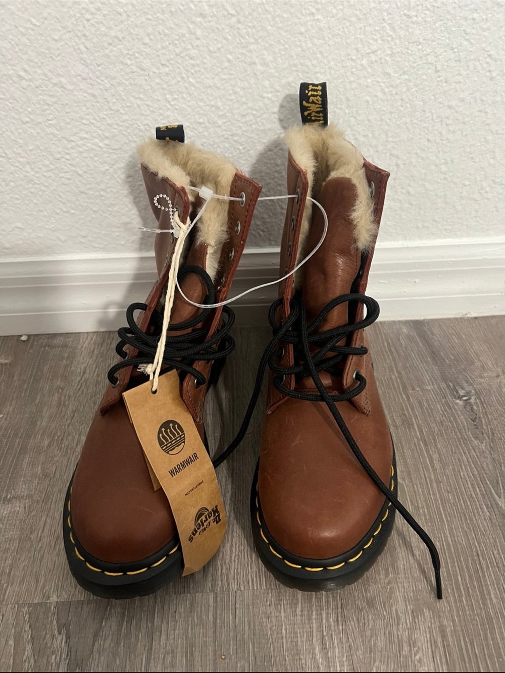 Dr. Martens Tan Leather Shearling Lace-Up Boots